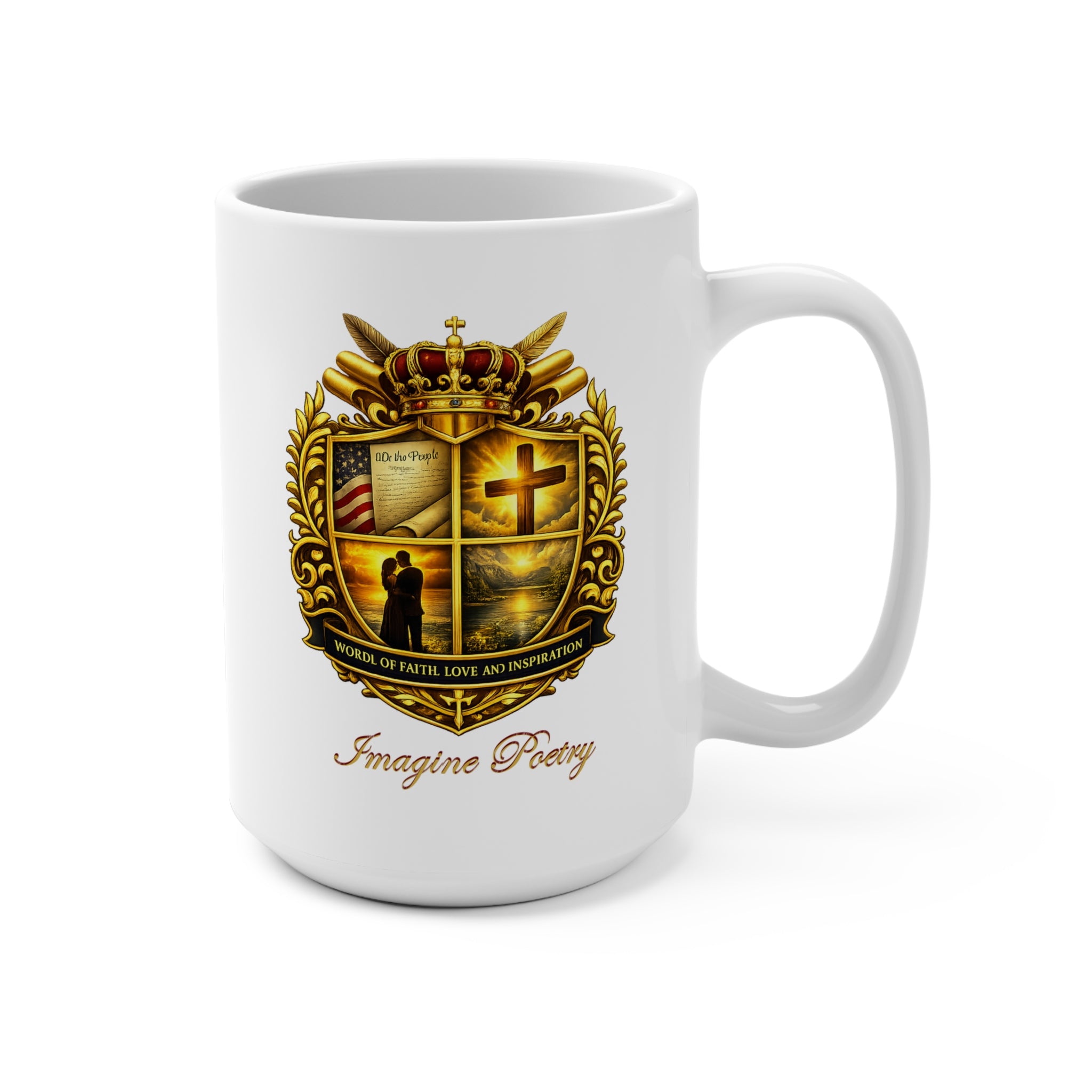 Imagine Poetry Crest Mug – Faith, Love & Inspiration (White Ceramic Coffee Mug)