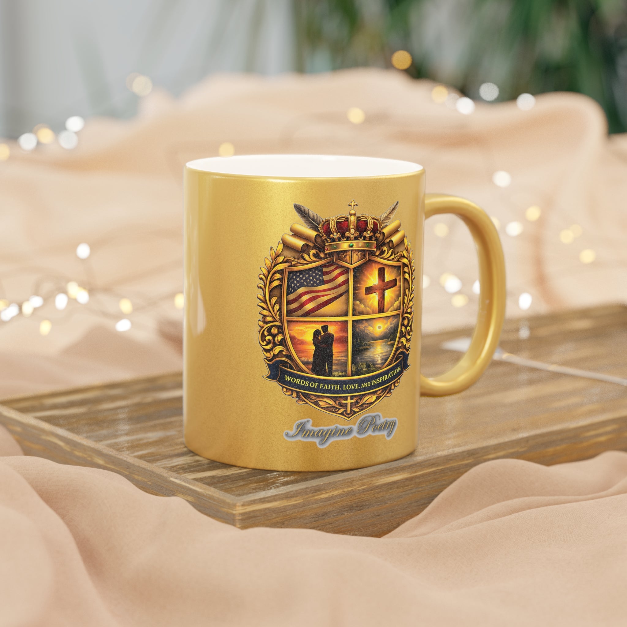 Imagine Poetry Signature Crest Logo Gold Metallic Mug