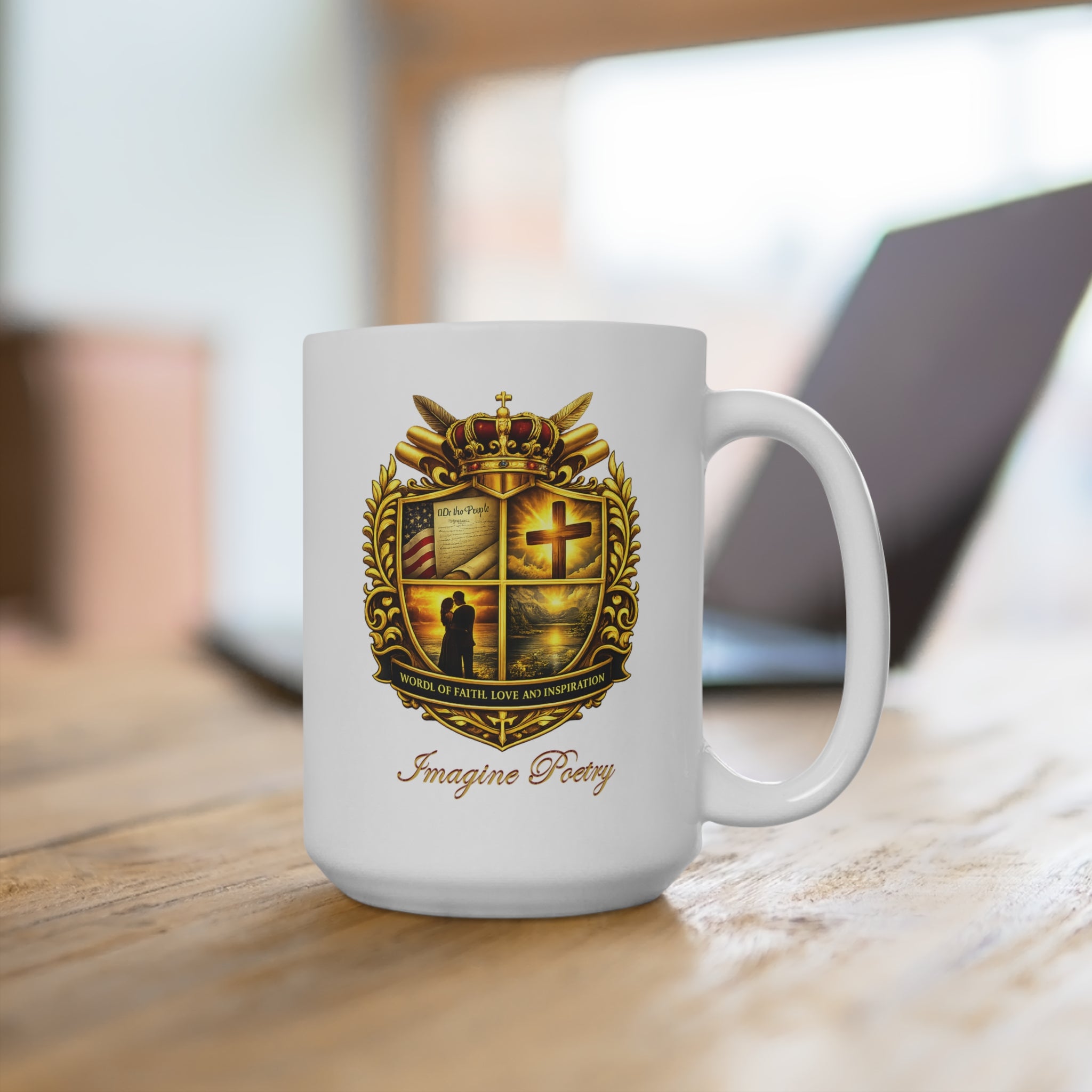Imagine Poetry Crest Mug – Faith, Love & Inspiration (White Ceramic Coffee Mug)