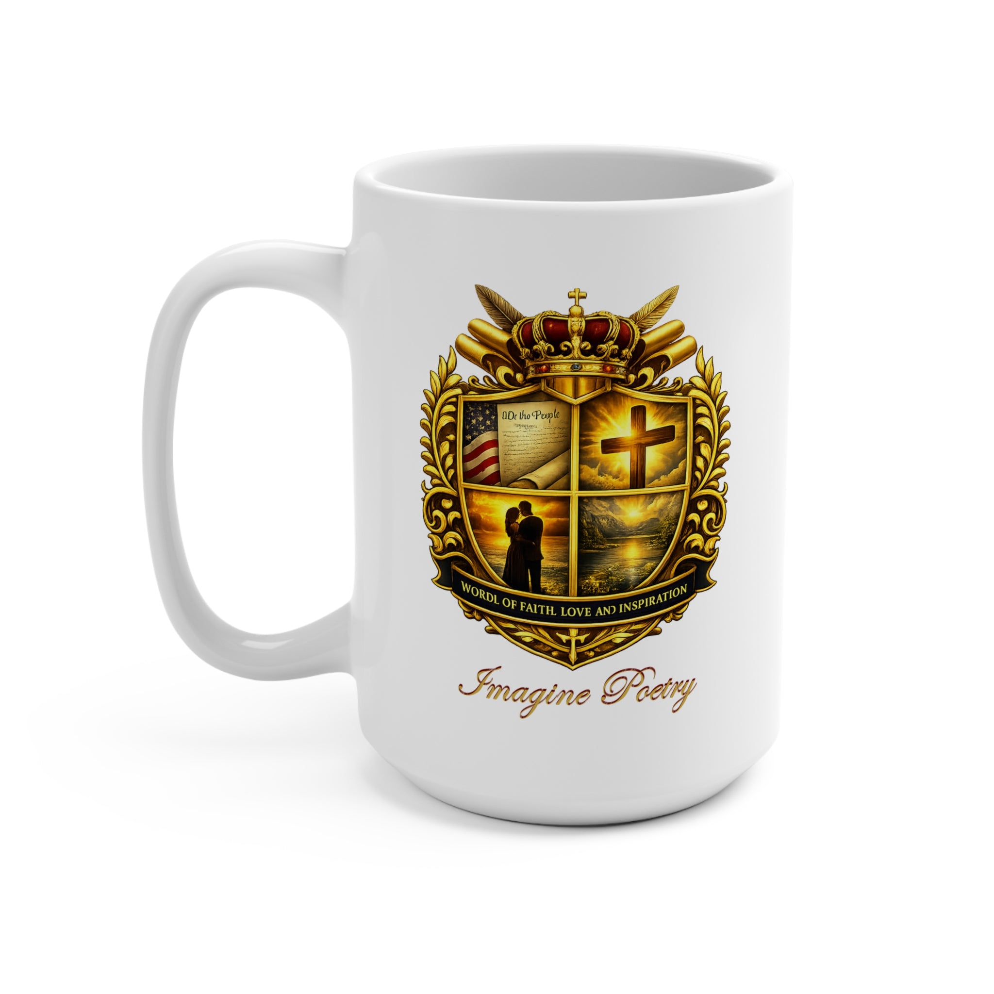 Imagine Poetry Crest Mug – Faith, Love & Inspiration (White Ceramic Coffee Mug)